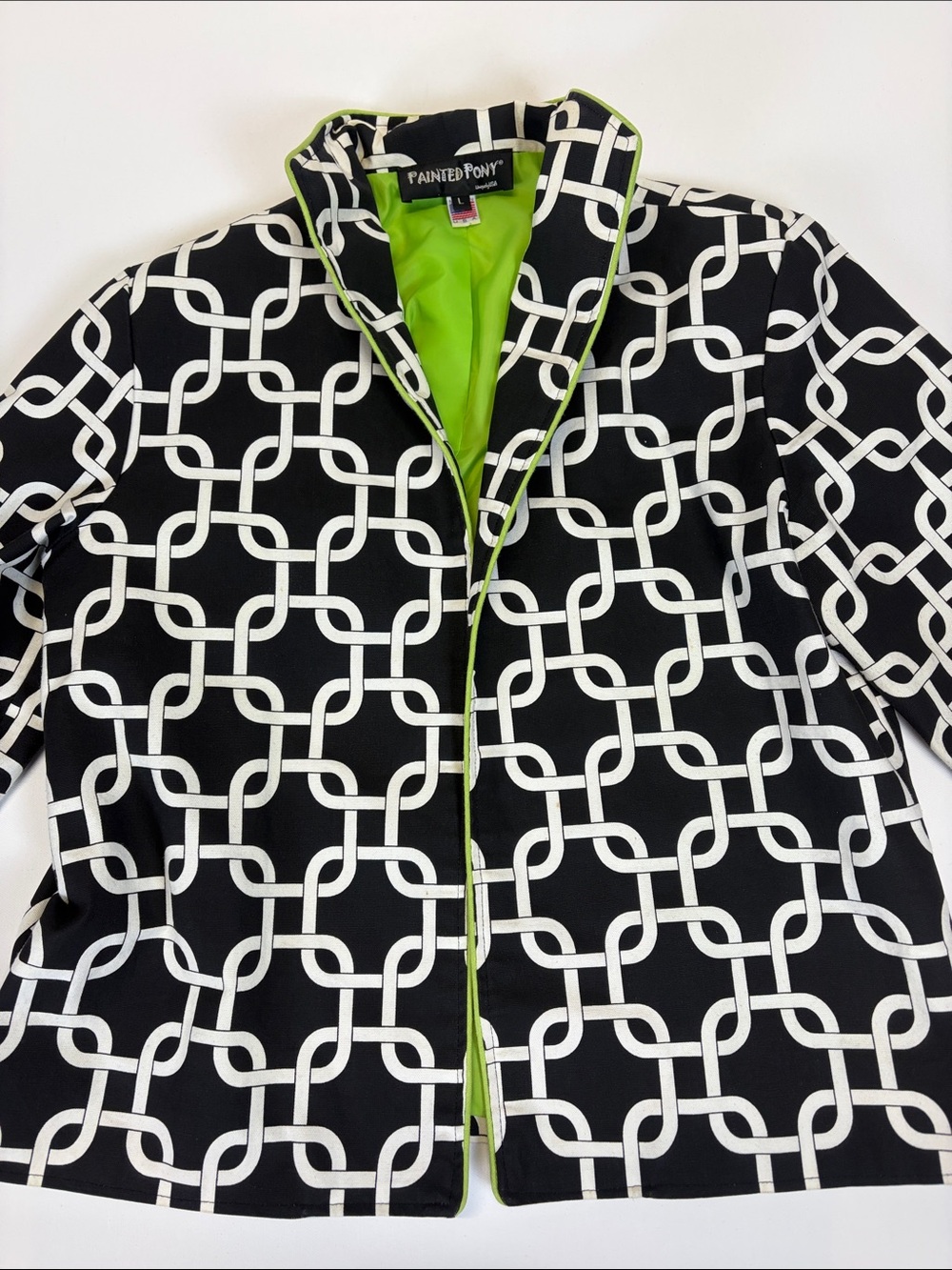 Painted Pony Chain Print Open Front Blazer Lime Green Women Size Large